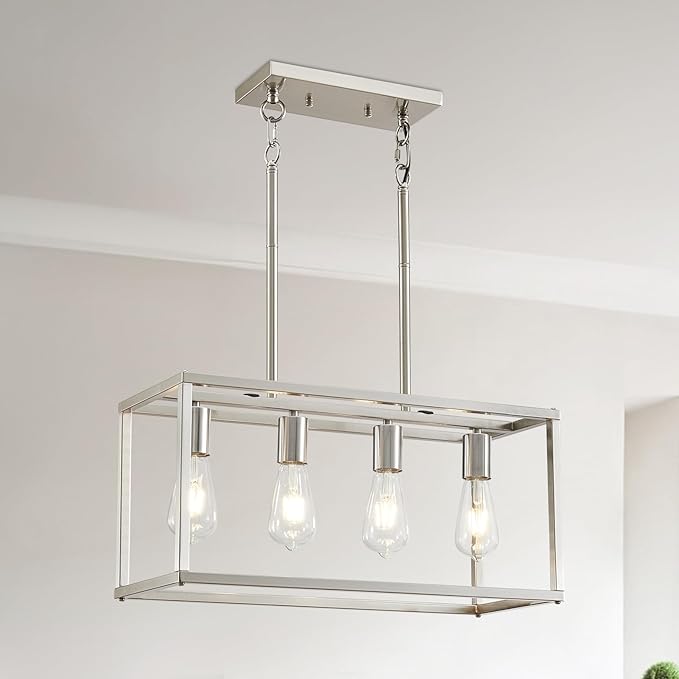 4-Light Dining Room Light Fixture Farmhouse Chandelier Brushed Nickel Modern Kitchen Island Pendant Lights Rectangular Hanging Lights Adjustable Height Metal E26 Base