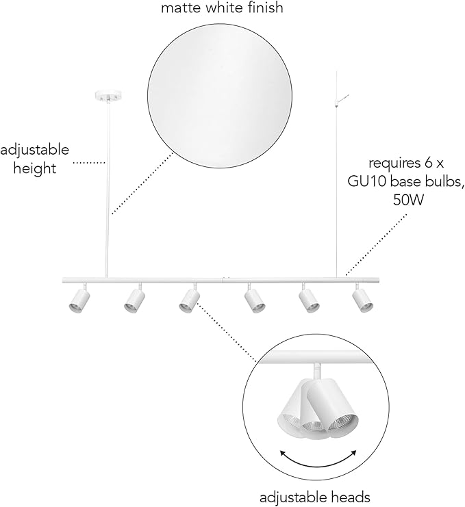 GLOBE Electric 64000124 55" 6-Light Adjustable Height Track Lighting, Matte White, Pivoting Heads, Modern Ceiling Light for Kitchen, Hallway or Dining Room, Dimmer Switch Compatible