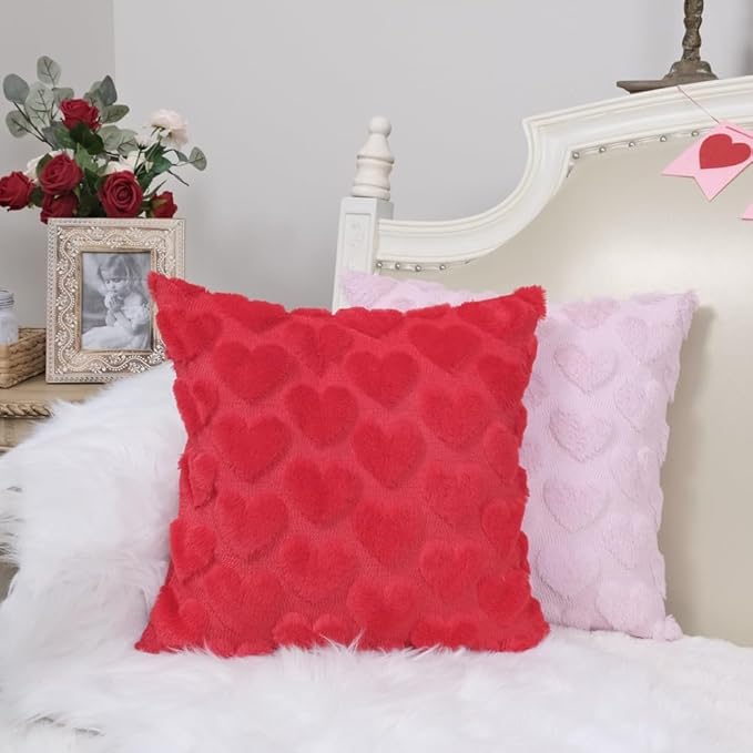 GEEORY Valentines Day Soft Plush Love Heart Pillow Covers, 20 x 20 Inch Set of 2, Faux Fur Wool Decorative Anniversary Cushion Case for Sofa Home Decoration Pink GC011-20