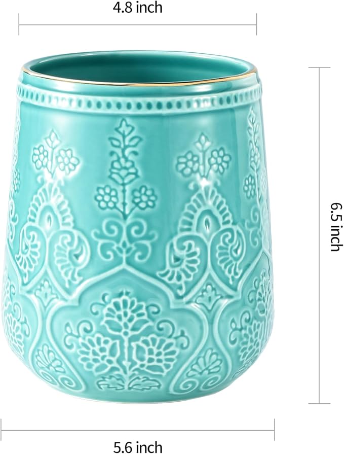 Utensil Holder, Large Utensil Holder for Kitchen Counter, 6.5”Ceramic Cooking Utensil Organizer, Kitchen Decor for Counter (Turquoise)