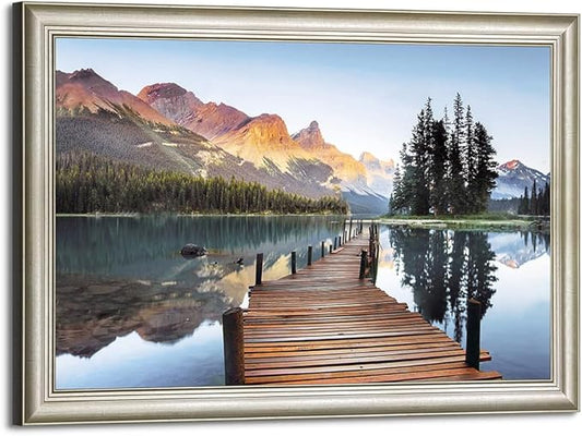 Lake Landscape Canvas Wall Art: Framed Nature Bridge Water Picture Mountain Sunset Prints for Living Room
