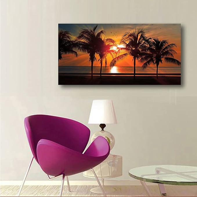 Beach Canvas Wall Art Seascape Theme Pictures Home Decor Blue Ocean Coconut Tree Sunset Prints Paintings for Living Room Bathroom Bedroom Kitchen Office Decoration Natural Scenery Artwork 24x48inches