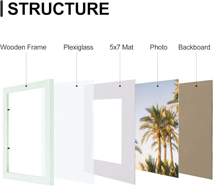 Vittanly 8x10 Picture Frames Set of 9, Shatter Resistant Plexiglass, Display 5x7 Pictures with Mat or 8x10 without Mat, Photo Frames for Wall or Tabletop, Engineered Wood, Vintage Green