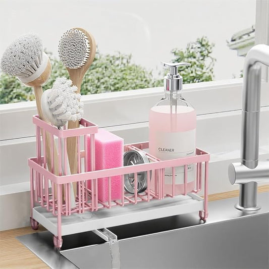 Cisily Pink Sponge Holder for Kitchen Sink, Sink Caddy Organizer with High Brush Holder, Countertop Organizers and Storage Essentials, Rustproof 304 Stainless Steel, Pink kitchen Accessories and Decor