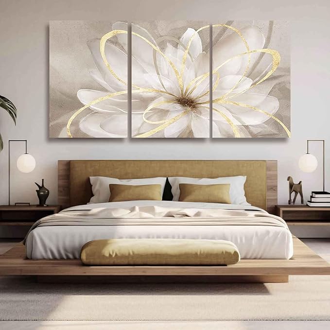 Kureful Large Pictures for Living Room Neutral Wall Art Artwork for Walls Canvas Art Gold Flowers Wall Decor for Girls Women Room Decor 24"x 36"x 3