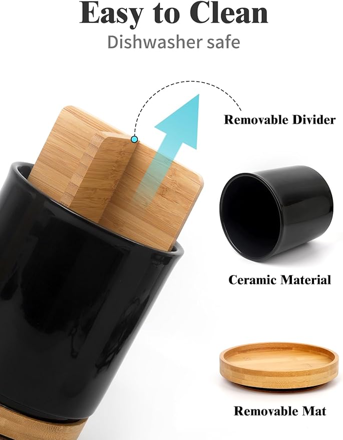 LoeJan 3 Compartment Utensil Holder, Extra Large Utensil Crock, Stable Ceramic Utensil Organizer, Cooking Tool Organizer Set for Kitchen Counter Farmhouse Decor (D-Black(Grossy))