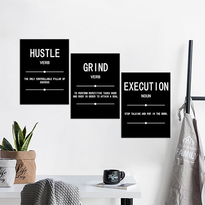 Inspirational Quotes Grind Verb Hustle Verb Execution Noun Motivational Painting Wall Art 3 Pieces Canvas Print Inspiring Office Decor Poster Framed for Wall Art Decoration Ready to Hang[36''Wx 16''H]