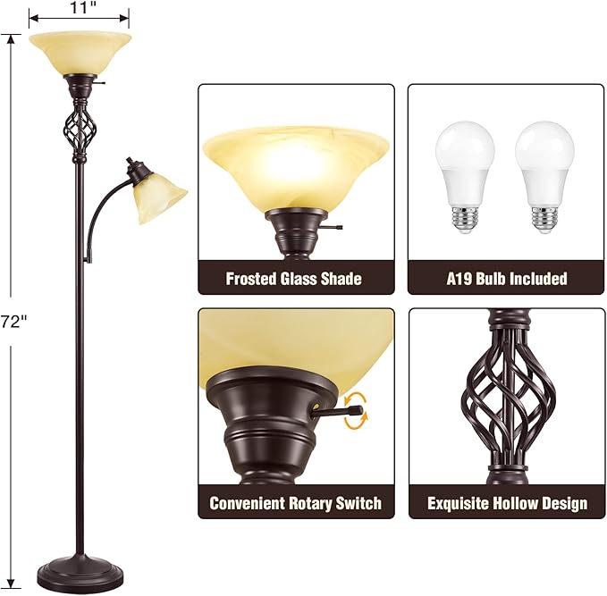 Torchiere Floor Lamp for Living Room, LED Standing Reading Light for Bedroom with Glass Shade for Living Room Corner Bedroom Home Office,Bulbs Included (Yellow Lampshade, Glass 2 Head)