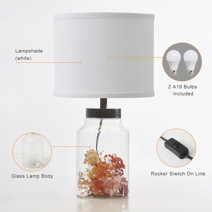 GyroVu Fillable Table Lamp,Bedside Lamp with Clear Glass Fillable Modern Table Lamp with White Lampshade Beside Lamp for Living Room Bedrooms Office Bulbs Included(White)