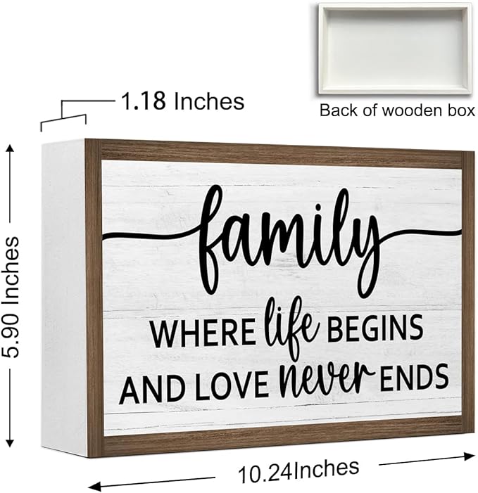 Family Where Life Begins and Love Never Ends Wooden Box Sign Desk Decor,Family Saying Wood Block Sign for Home Farmhouse Bedroom Shelf Tabletop Wall Decor