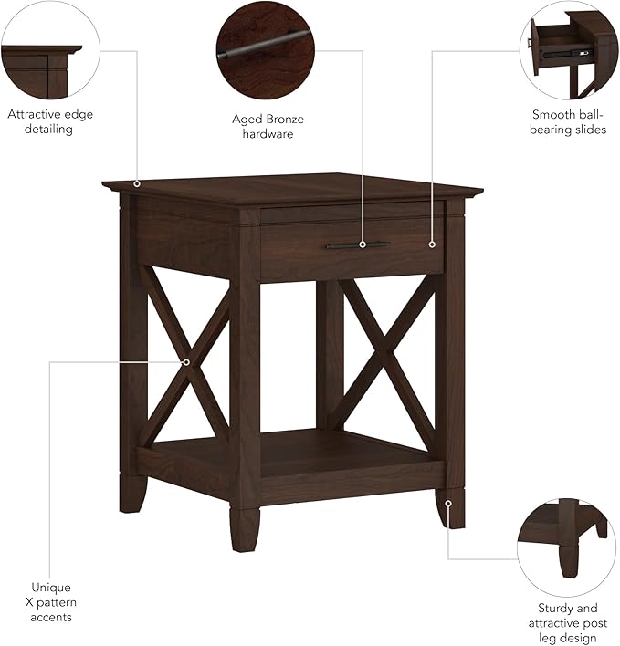 Bush Furniture Key West Small End Table with Storage | Modern Farmhouse Accent Shelf for Living Room in Bing Cherry