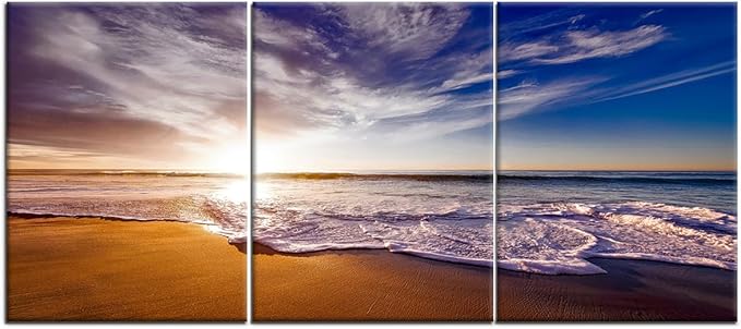 Nature Landscape Canvas Wall Art Beach Gold Sunset HD Picture Print Ocean Theme 3 Pieces Posters Painting Wall Decor Artwork for Modern Home Bedroom Bathroom Kitchen Ready to Hang [36''W x 16''H]