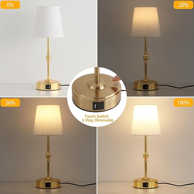 Bedside Table Lamp for Bedroom with 2 USB Charging Ports Minimalist Modern Small Gold Nightstand Lamp 3-Way Dimmable Touch Desk Lamp for Living Room Home Office Dorm,LED Bulb Included