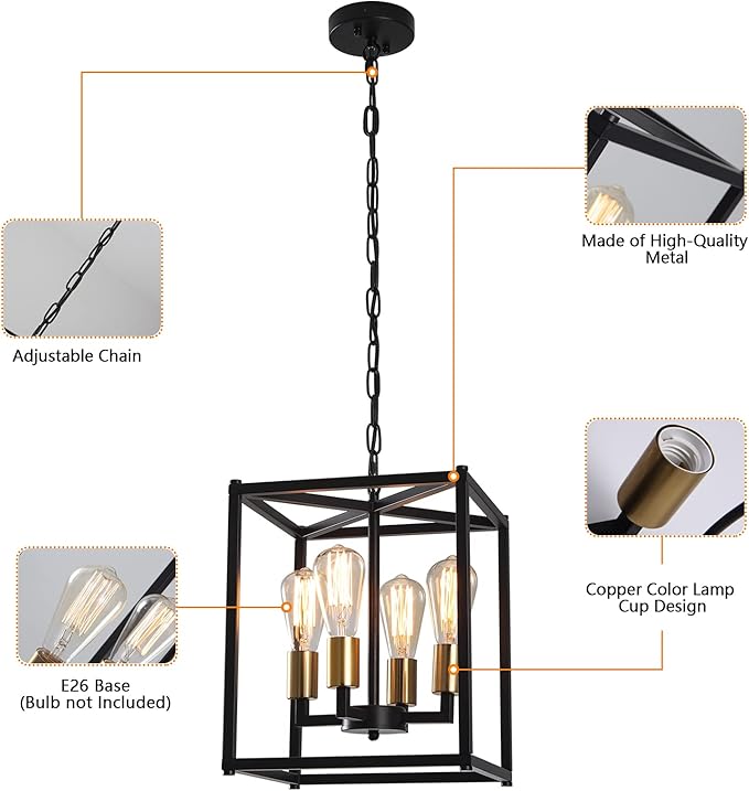 Lantern Pendant Light, 4-Light Gold Chandelier,Modernized Ceiling Hanging Light Fixture for Bedroom Kitchen Island Foyer Living Room Dining Room Hallway