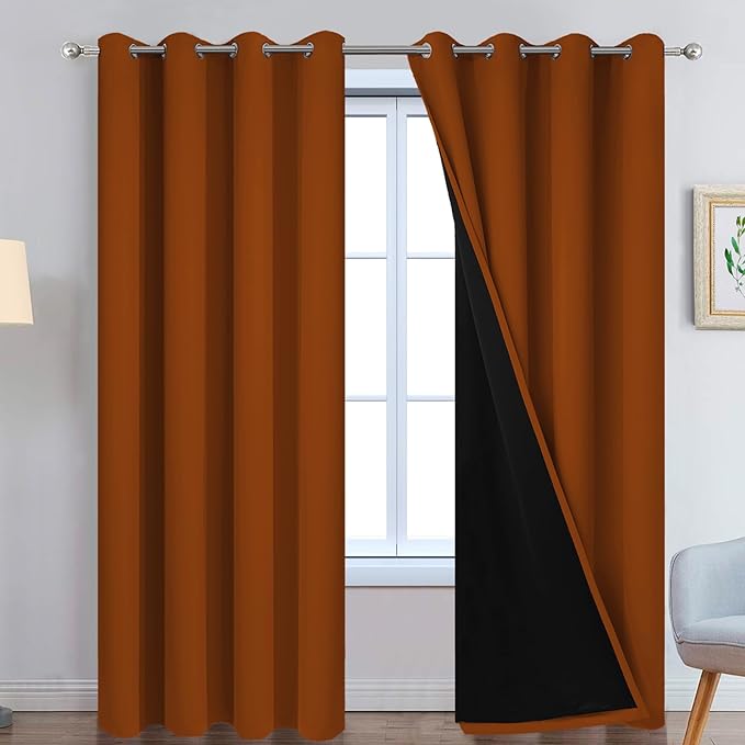 Yakamok Orange 100% Blackout Curtains, Total Blackout Lined Curtain Panels for Bedroom, 2 Thick Layers Grommet Top Thermal Insulated Blackout Drapes for Living Room(52Wx84L, Burnt Orange, 2 Panels)