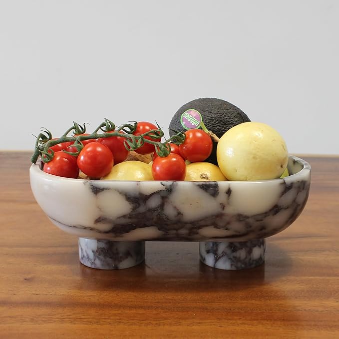 Natural Oval Calacatta Viola Marble Fruit Bowl for Kitchen Counter 10", Large Decorative Bowl Two-Legs for Home Decor, Fruits Holder For Dining Table - Kitchen Organization