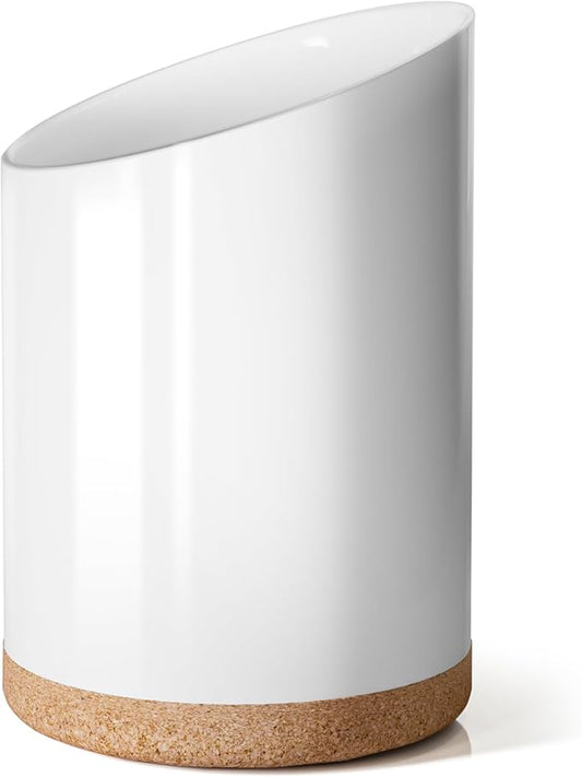 Large Ceramic Utensil Holder for Kitchen Counter, Modern Crock with Slanted Top & Cork Mat, for Spatulas & Cooking Spoons, White
