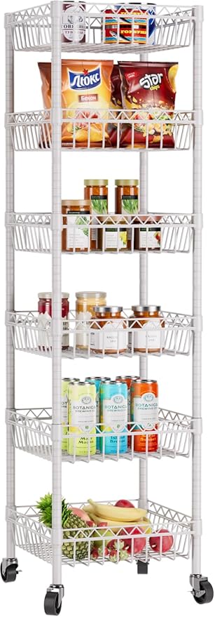 6 Shelves Storage Shelf Wire Closet Bathroom Organizers Metal Pantry Kitchen Garage Shelving Unit Laundry Room Organization Home Rack Net Basket White with Wheels 14" Dx14 Wx64.8 H