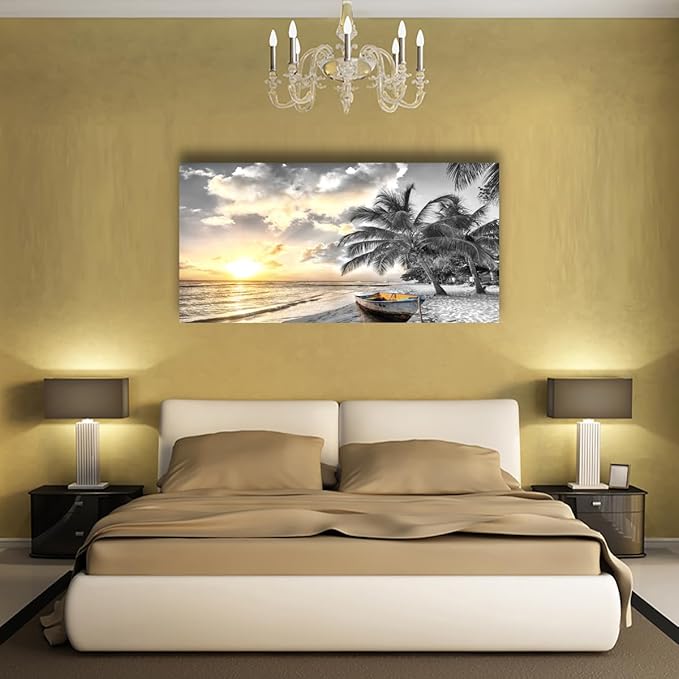 Black and White Beach Pictures Canvas Wall Art for Living room Bedroom Wall Decor,Seascape Wall Art Print Paitnings for home Decor,Morden Artwork Sunset Canvas Art Waterproof Stretched Ready to