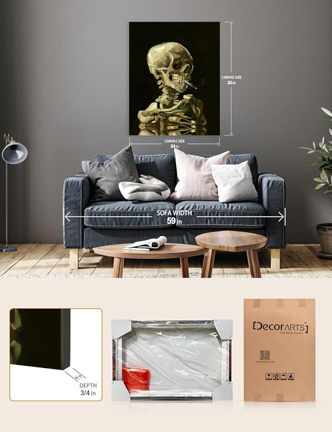 DECORARTS - Head of a Skeleton with a Burning Cigarette. Vincent Van Gogh Reproductions. Giclee Print for Wall Decor. 24x30