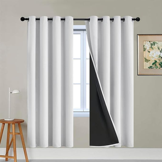 Yakamok 100% Blackout Curtains 72 Inches Long, 2 Thick Layers Heat and Full Light Blocking Soft Thermal Insulated Drapes for Bedroom(52" Wide Each Panel, Greyish White, 2 Panels)
