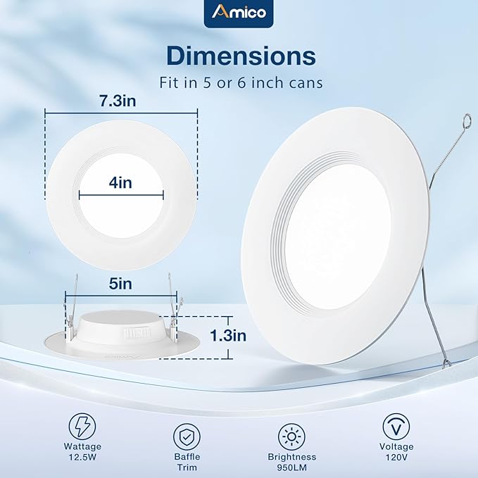 Amico 24 Pack 5/6 inch 5CCT LED Recessed Lighting, Dimmable, 12.5W=100W, 950LM, 2700K/3000K/4000K/5000K/6000K Selectable, Retrofit Can Lights with Baffle Trim, IC Rated - ETL & FCC, White