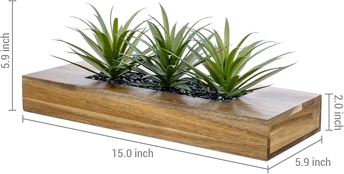MyGift 15 Inch Large Artificial Green Grass Plants in Premium Acacia Solid Wood Decorative Planter, Tabletop Faux Greenery Decor with Wooden Rectangular Container