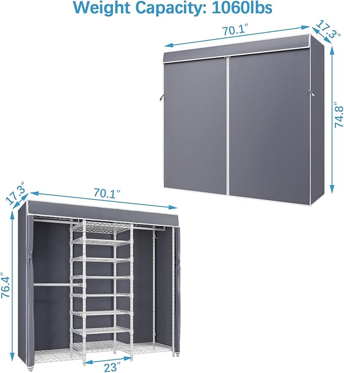 VIPEK S3C Heavy Duty Portable Closet, Adjustable Shoe Rack Wire Shelf, Large Wardrobe Organizer for Bedroom Storage, Freestanding Clothes Rack with Hanging Rod, Custom White Rack with Grey Cover