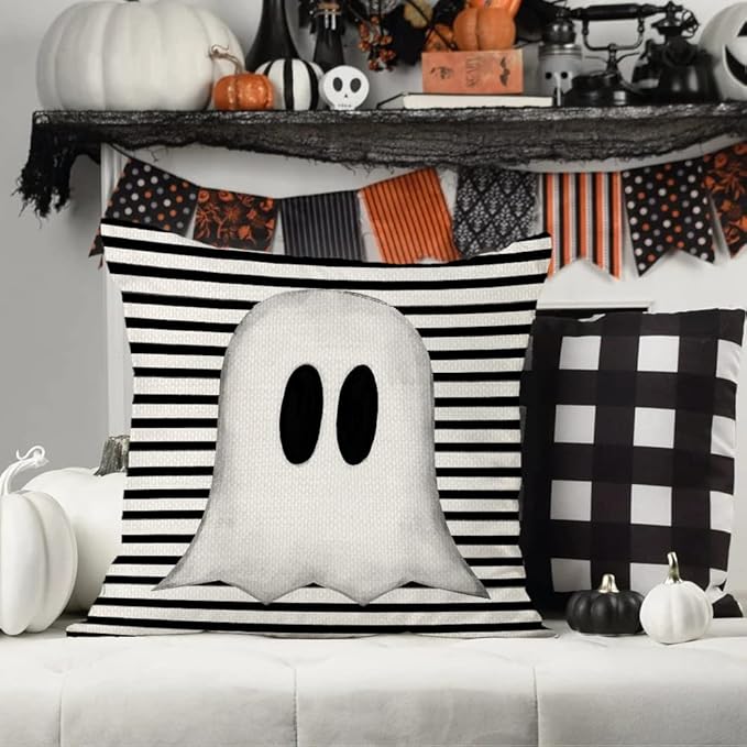 AACORS Halloween Throw Pillow Cover 18X18 Set of 2,White Ghost Striped Decorations Holiday Farmhouse Cushion Case for Home Sofa Couch Decor AA012-18-2