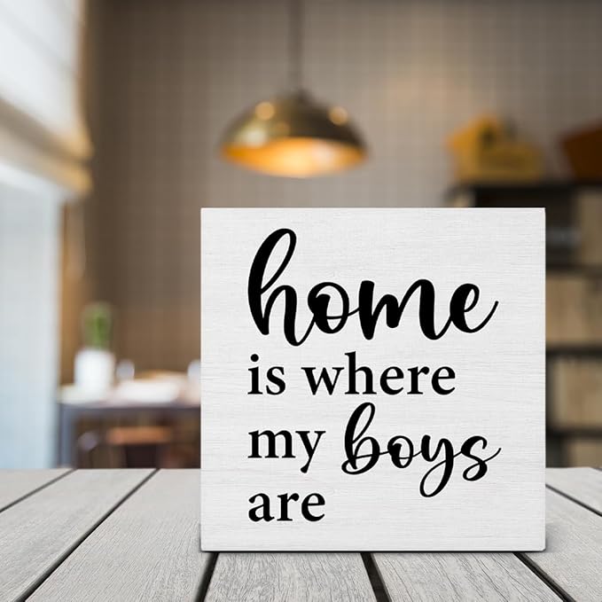 Home Is Where My Boys Are Wood Sign Family Quote Mom Gift Wooden Sign Decoration Home Living Room Bedroom Desk Shelf Table Decor 5 X 5 Inch