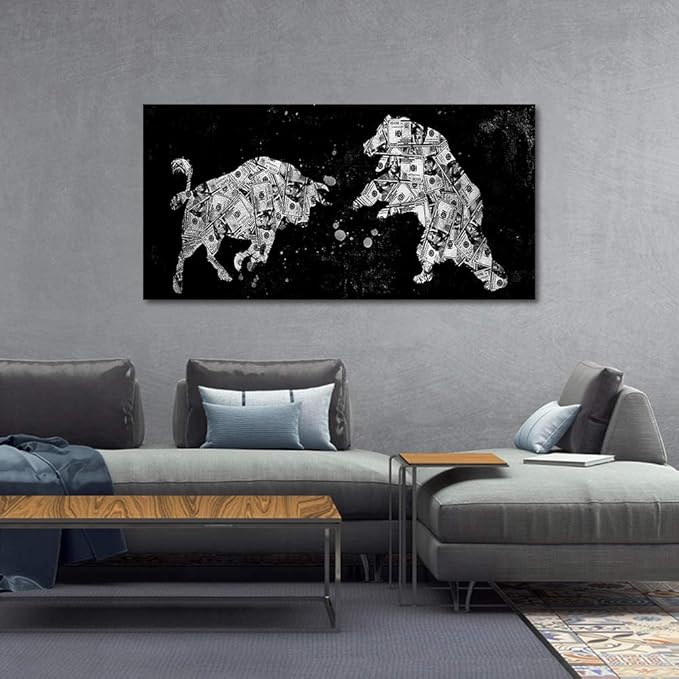 Extra Large Size Money Canvas Art Creative Bull vs Bear Money Canvas Artwork Black and White Inspirational Abstract Money Bull vs Bear Artwork for Gym Coffee Shop Decor Framed Easy to Hang-48 Wx24 H