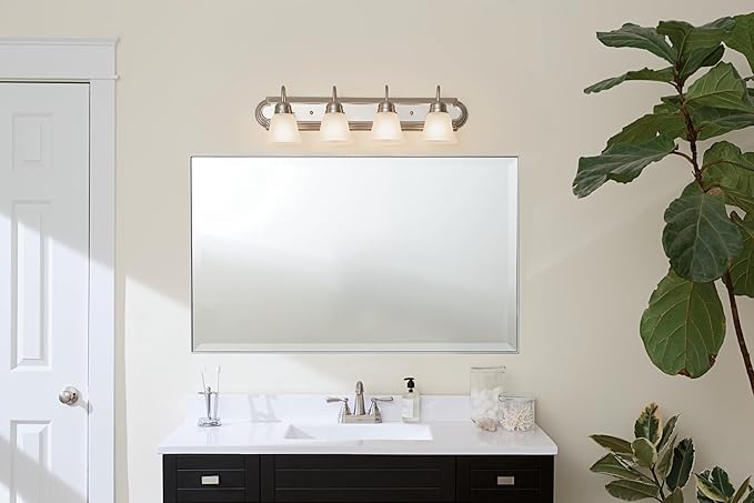 Kichler 30" 4-Light Vanity Bath Light in Brushed Nickel, Modern Bathroom Light with Clear Satin Etched Glass, (30" W x 8" H), 5338NIS