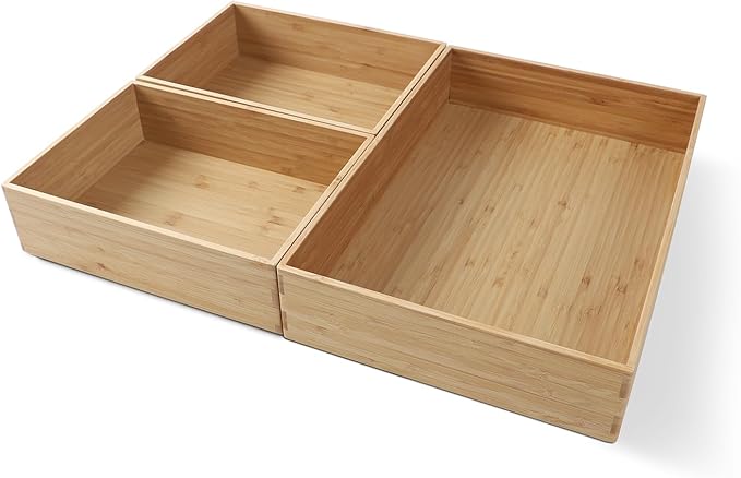 3-Piece Large Bamboo Storage Box Set, 3.9 in High, Stackable Deep-Drawer Organizer for Kitchen Cutlery, Cookware, Utensils & Knives, Lidless Wooden Bin (14.6"x10.2"*1+10.2"x7.3"*2)