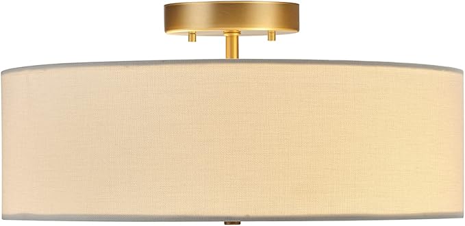 GLOBE Electric 60998 2-Light Flush Mount Ceiling Light, Matte Brass, White Linen Shade, E26 Base, Minimalist Lighting for Kitchen Island, Bathroom, Bedroom, or Dining Room, Home Decor