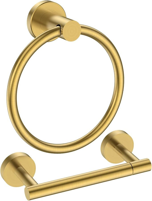 FORIOUS Toilet Paper Holder Wall Mount, SUS304 Stainless Steel Double Post Pivoting Tissue Roll Holder and Hand Towel Ring Set for Bathroom, RV, Bathroom Hardware Accessories Set, Brushed Gold