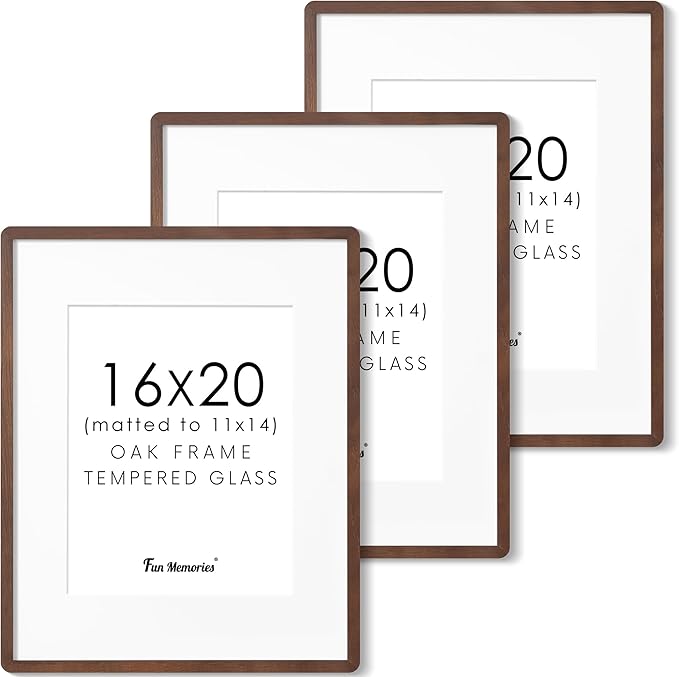 16x20 Picture Frame for Wall, Solid Oak Wood 16 by 20 Frames, 16 x 20 Poster Frame with Tempered Glass, 16x20 Frame Matted to 11x14, 16"x20" Wood Frame for Home Decor, Walnut Color, 3 Pack