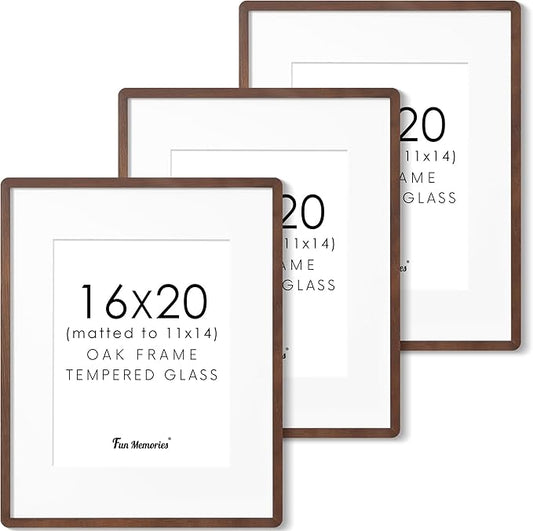 16x20 Picture Frame for Wall, Solid Oak Wood 16 by 20 Frames, 16 x 20 Poster Frame with Tempered Glass, 16x20 Frame Matted to 11x14, 16"x20" Wood Frame for Home Decor, Walnut Color, 3 Pack