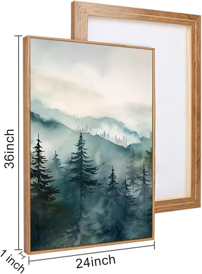 KAIRNE Watercolor Misty Forest Framed Canvas Wall Art Set, Nature Landscape Wall Decor, Foggy Mountain Pine Trees Wall Painting, Jungle Scenery Artwork for Living Room, Bedroom, Office - 24"x36"x3