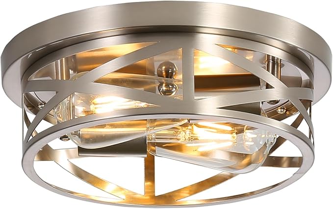 Brushed Nickel Flush Mount Ceiling Light Fixture,2-Light Industrial Farmhouse Ceiling Light Fixture，Brushed Nickel Light Fixture Ceiling Mount for Kitchen Bedroom Living Room 1 Pack