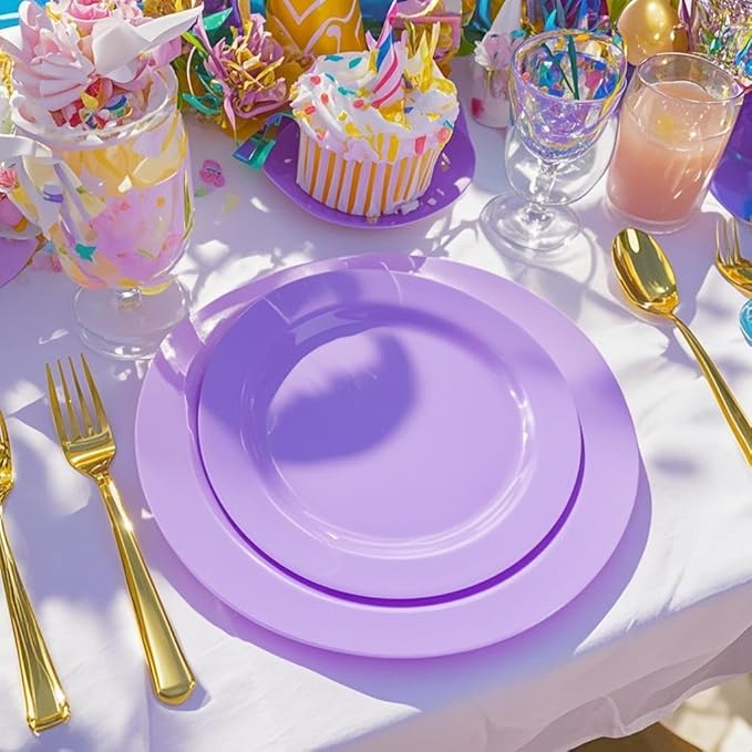 FLOWERCAT 60PCS Purple Plates - Heavy Duty Purple Plastic Plates Disposable for Easter Party/Wedding - Include 30PCS 10.25" Dinner Plates and 30PCS 7.5" Dessert Plates