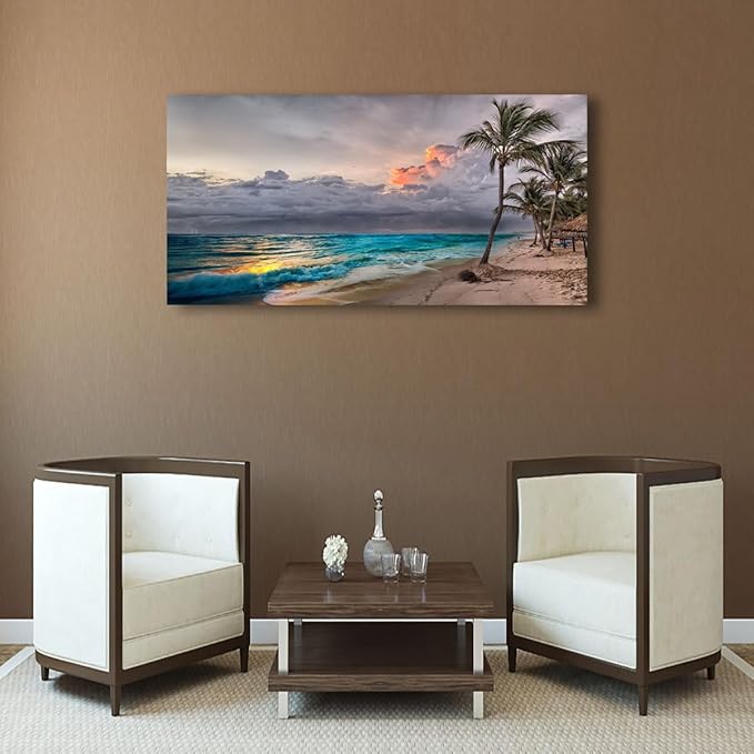 Beach Pictures Wall Art Canvas Prints Seascape Poster Bathroom Decor Blue Ocean Green Tree Painting for Living Room Bedroom Home Kitchen Decoration 28x57 Wooden Frame Natural Landscape Artwork