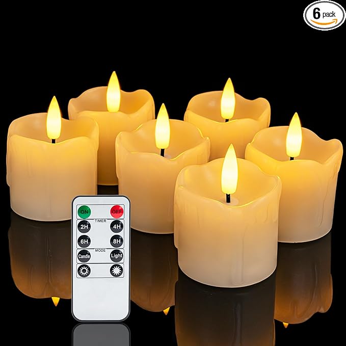 Homemory Flameless Votive Candles with Timer Remote, 2" x 2" Real Wax, 300+ Hour Realistic Black Wick Battery Operated Candles, Set of 6 for Wedding, Party and Holiday Decoration (Battery Included)