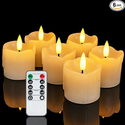 Homemory Flameless Votive Candles with Timer Remote, 2" x 2" Real Wax, 300+ Hour Realistic Black Wick Battery Operated Candles, Set of 6 for Wedding, Party and Holiday Decoration (Battery Included)