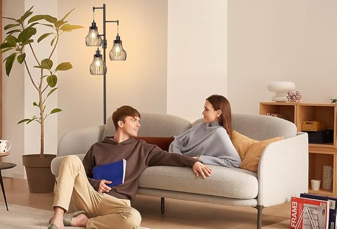 Dimmable Floor Lamp, 3 x 800LM LED Edison Bulbs Included, Farmhouse Industrial Floor Lamp Standing Tree Lamp with Elegant Cage Tall Lamps for Living Room Bedroom Office - Black