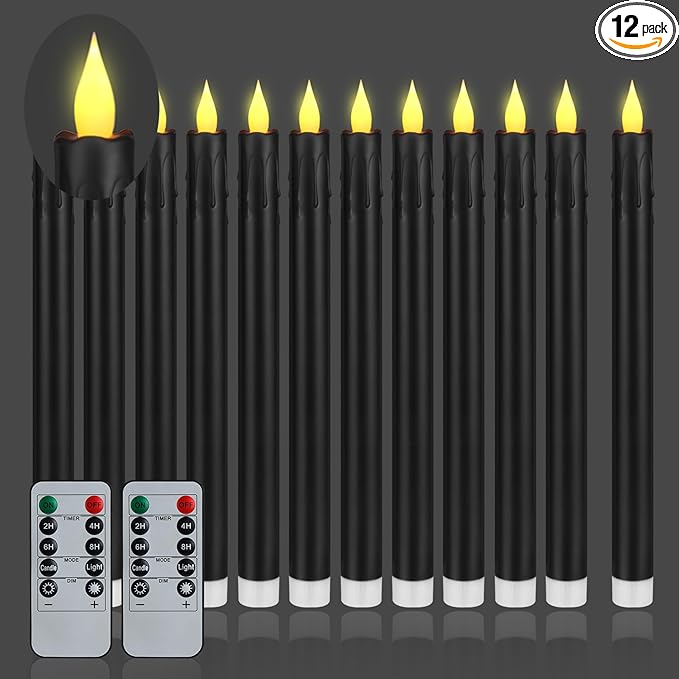 Flameless Taper Candles 10.6" Dripless Battery Operated Taper Candles Included Remote Timer 400+ Hours by 2AA Batteries for Halloween Christmas Wedding (Black, 12 Pack)