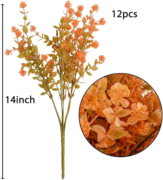 12pcs Artificial Fall Flowers Fake Eucalyptus Flower Outdoor UV Resistant Fall Plants for Home Kitchen Christmas Festival Thanksgiving Autumn Decoration (12, Fall Orange)