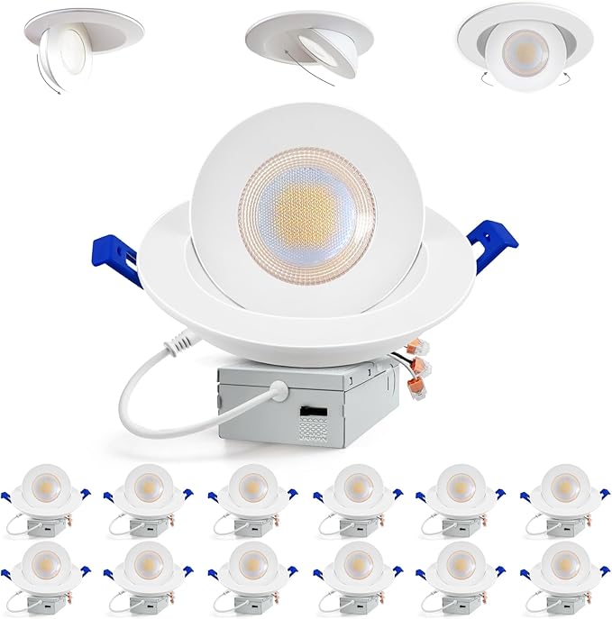 Adetu Recessed Lighting 6 inch, 360°+90° Adjustable Directional 6 inch Gimbal Led Recessed Light, 2700K-5000K 5CCT Dimmable Retrofit Eyeball Can Recessed Lights with Jbox, ET (White-12 Pack)