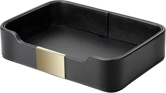 SANZIE Luxury Leather Tray Desktop Storage Catchall Organizer Decorative Tray for Entryway Table to Hold Jewelry Watch Keys Phone Wallet (Metal Glided, Black)