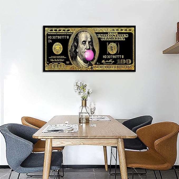 Motivational Money Art Print Dollars Canvas Office Home Decor for Walls Funny Franklin 100 Dollar Pop Art HD Print Black Golden Money Art for Living Room Bedroom Decor Framed Ready to Hang-32 Wx16 H