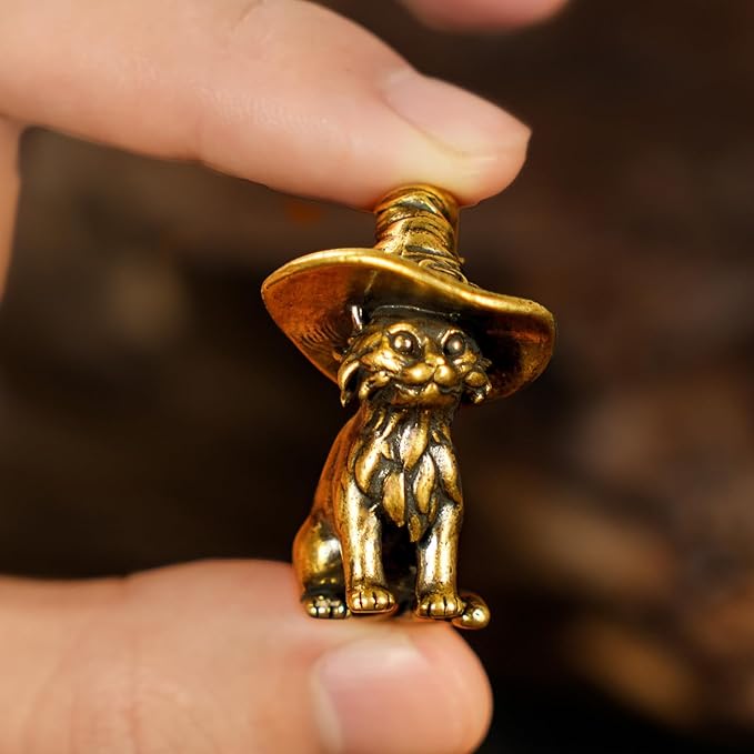 CHOVY Retro Handcrafted Witch Cat Ornament - 100% Solid Brass Desk Decor | Enchanting Feline Sculpture with Wizard Hat Unique Gift for Cat Lovers & Magic Enthusiasts